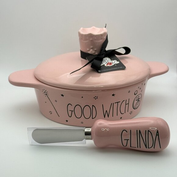 Good Witch brie baker and knife set by Rae Dunn | Pink ceramic brie baker set - Picture 2 of 6